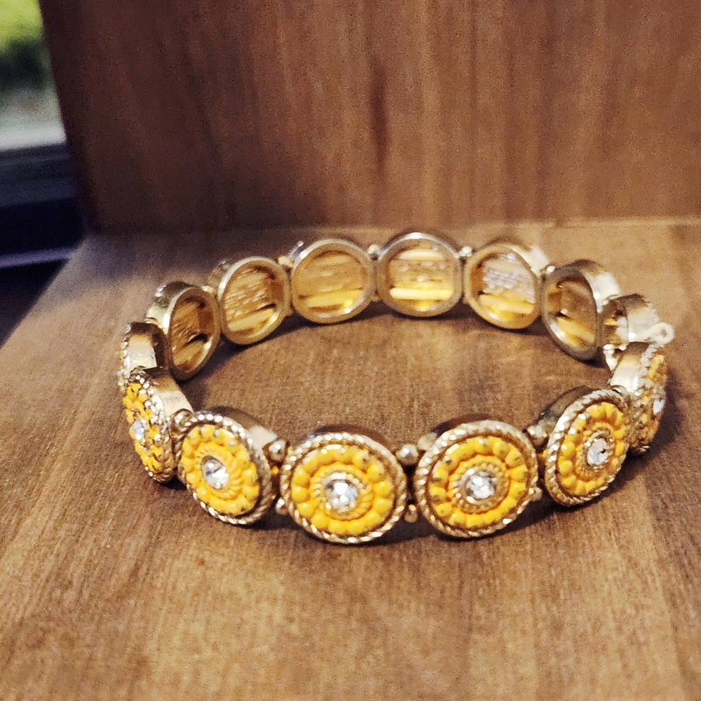 Gold Tone Yellow Enamel Rhinestone Medallion Stretch Bracelet Bohoā Floral Round